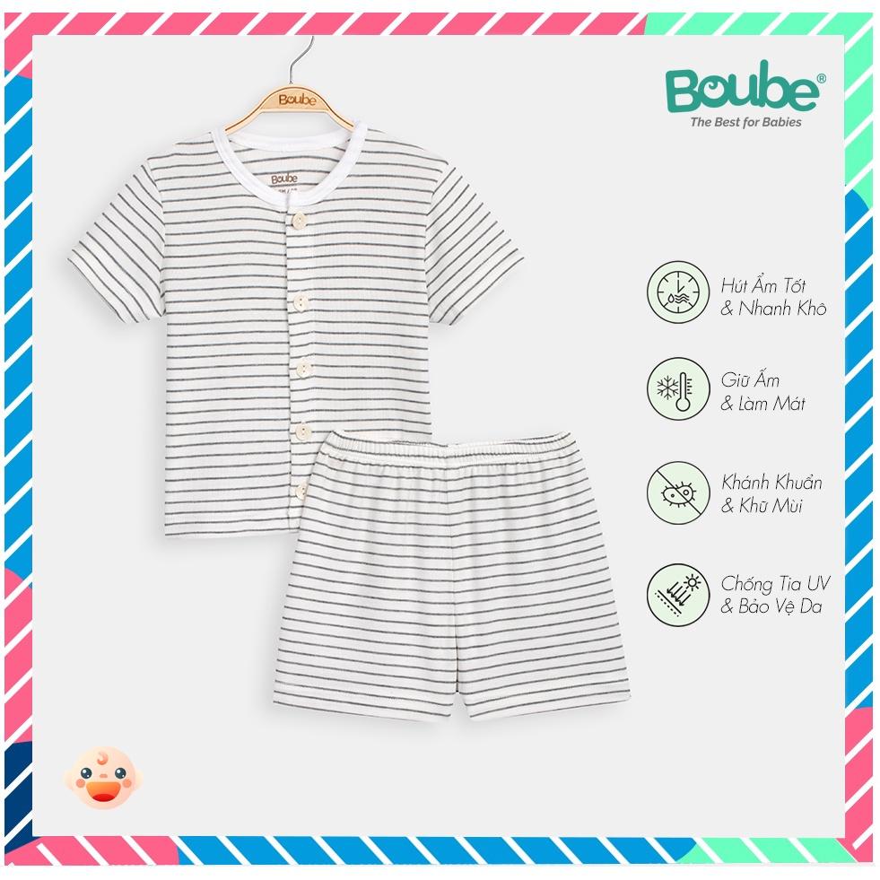 Bộ cộc tay cài thẳng màu trắng kẻ ghi Boube - Chất liệu Petit mềm mại thoáng mát cho bé từ 0 đến 24 tháng