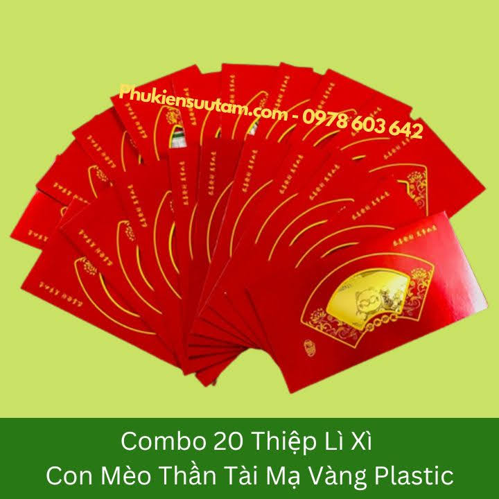 Combo 20 Thiệp Lì Xì Con Mèo Thần Tài Mạ Vàng Plastic, kích thước: 20cmx10cm, màu đỏ - SP005910