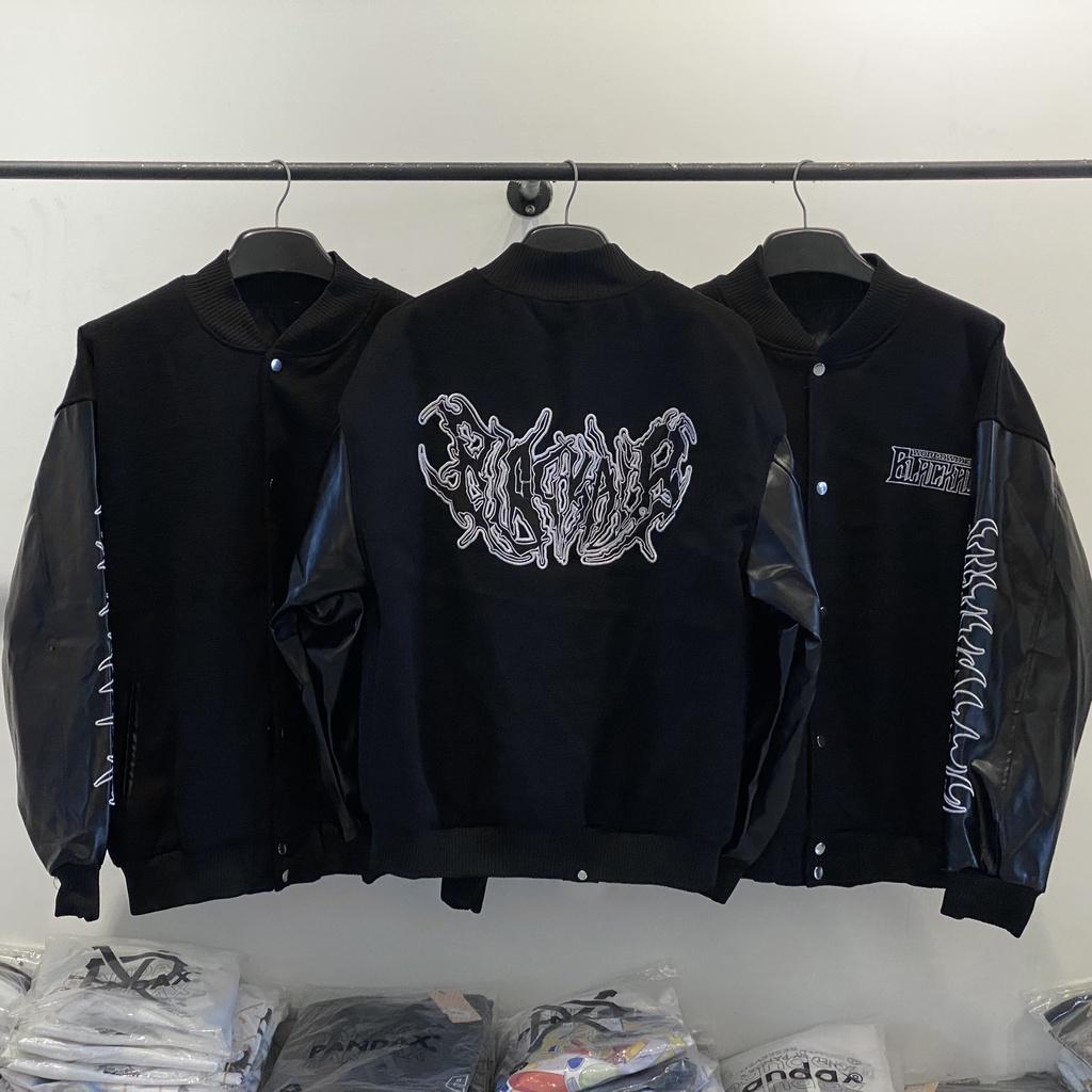 Bomber tay da black wide , varsity jacket nam nữ chất dạ 2 lớp , áo khoác bóng chày local brand unisex - Gin Store