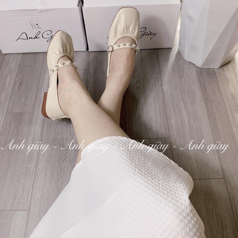 GB61 - Giày bệt nữ, giày búp bê mũi vuông da lì đế 1p quai ngang đính ngọc chất liệu đế dẻo da mềm ôm êm chân