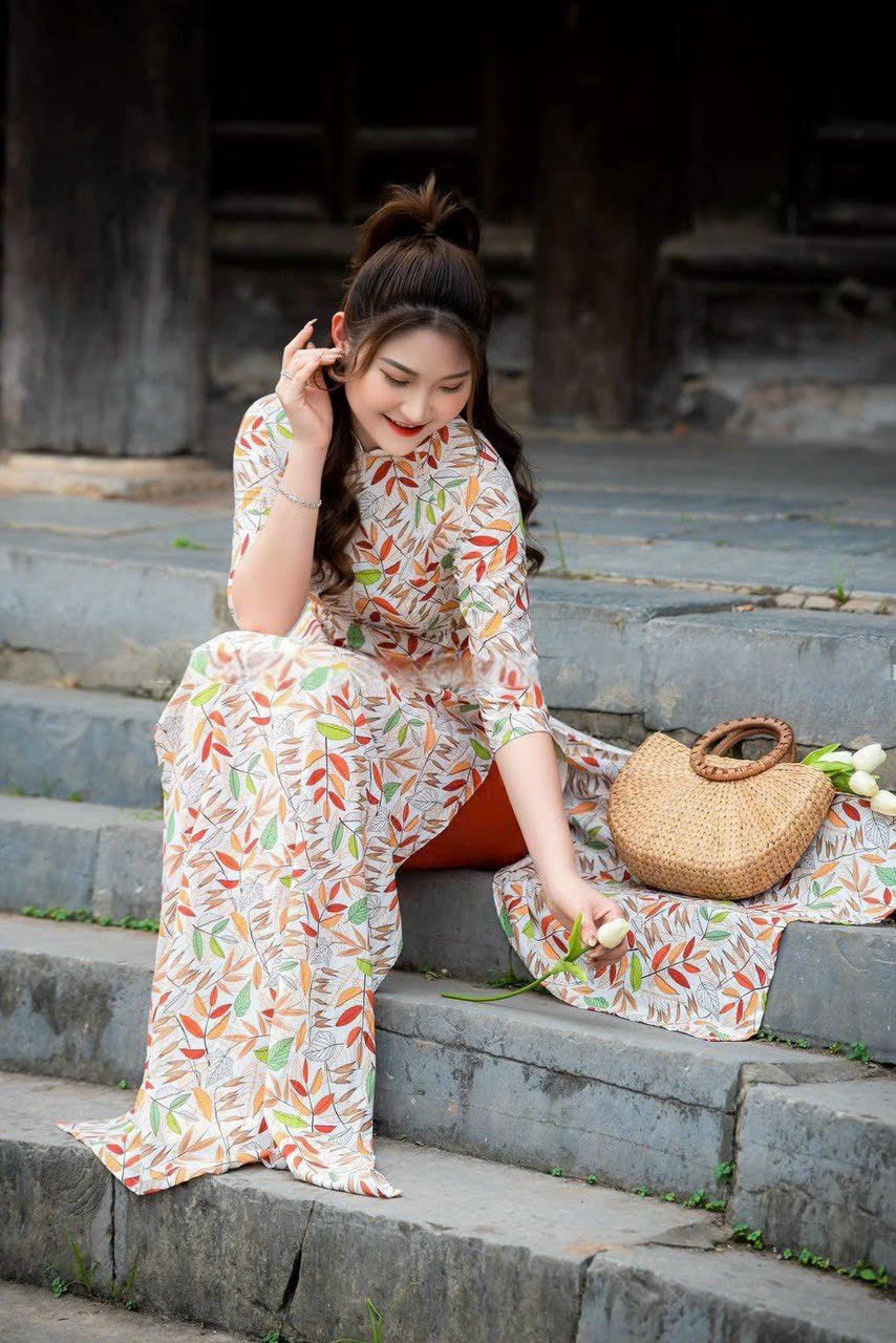 SÉT ÁO DÀI IN HỌA TIẾT LÁ TRE TẶNG KÈM QUẦN CAO CẤP