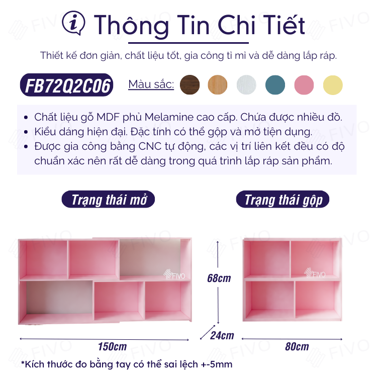 Kệ Sách Gỗ Trang Trí Màu Hồng FIVO FB72, Thiết Kế Thông Minh, Có Thể Tách Thành Nhiều Ngăn, Tiện lợi Phù Hợp Nhiều Không Gian - Hàng Chính Hãng