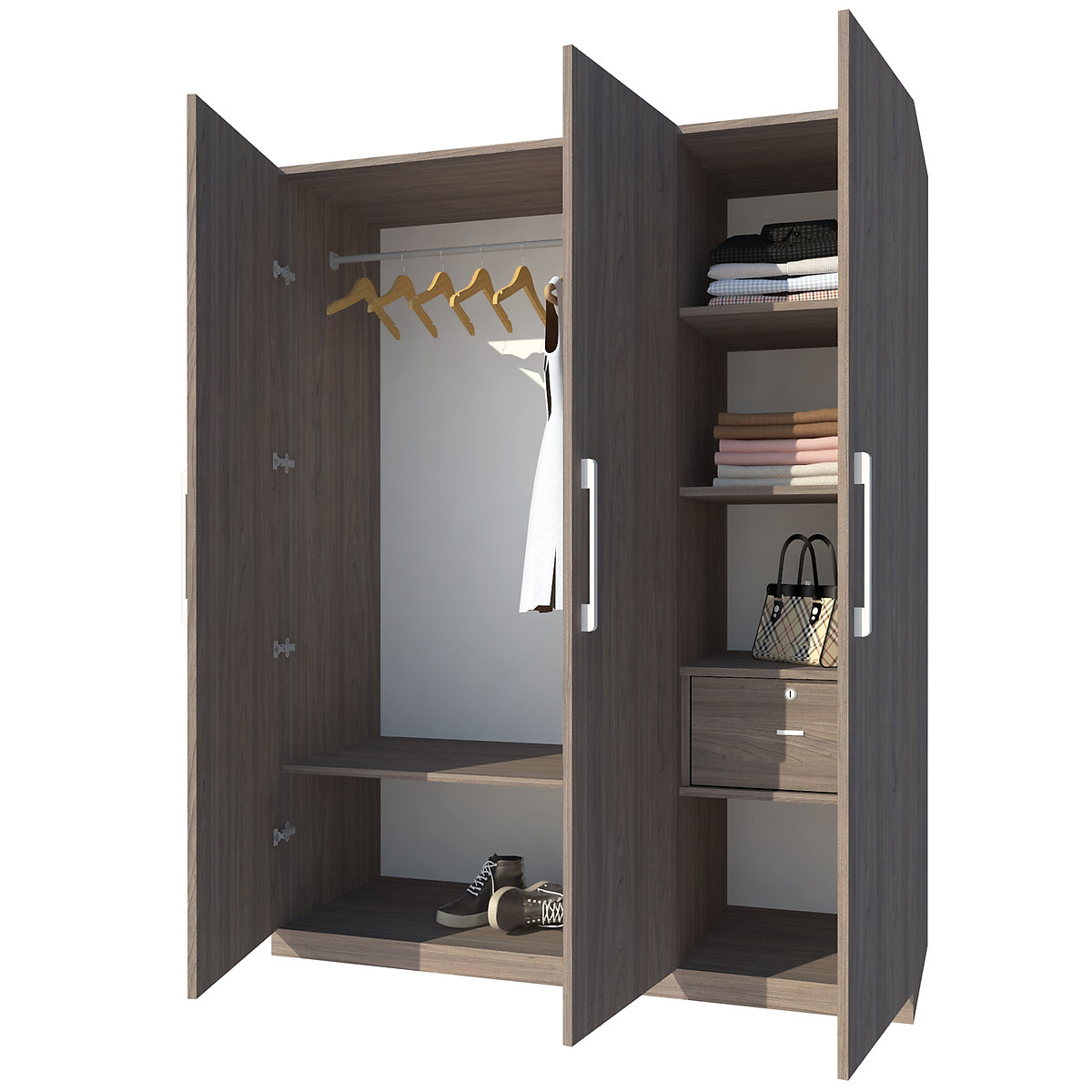 Tủ quần áo gỗ MDF Tundo 3 cánh màu óc chó 140 x 55 x 200cm