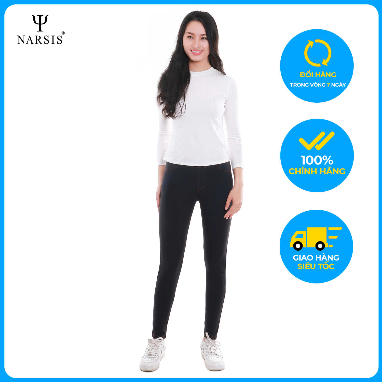 Quần bó nữ Narsis P5050 màu đen ánh xanh, sử dụng chất liệu Poly Rayon Spandex cao cấp, cực mềm mại thông thoáng, được sản xuất tại Việt Nam bởi thương hiệu thời trang nổi tiếng Narsis