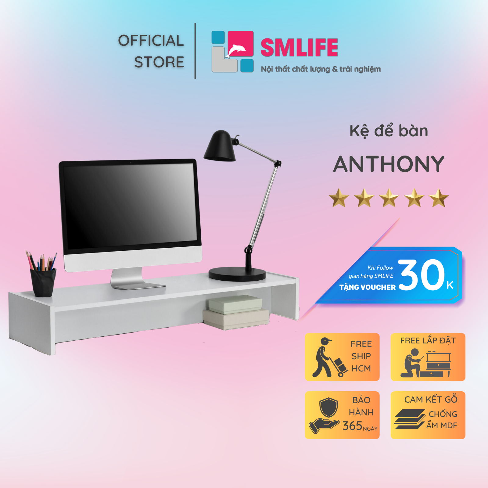 Kệ để bàn gỗ hiện đại SMLIFE Anthony  | Gỗ MDF dày 17mm chống ẩm | D100xR27xC15cm - Màu