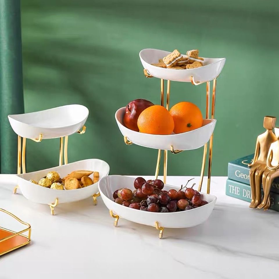 KHAY ĐỰNG BÁNH KẸO HOA QUẢ SỨ MÀU XANH CỔ VỊT HÌNH THUYỀN KHUNG KIM LOẠI MẠ VÀNG 3 TẦNG
