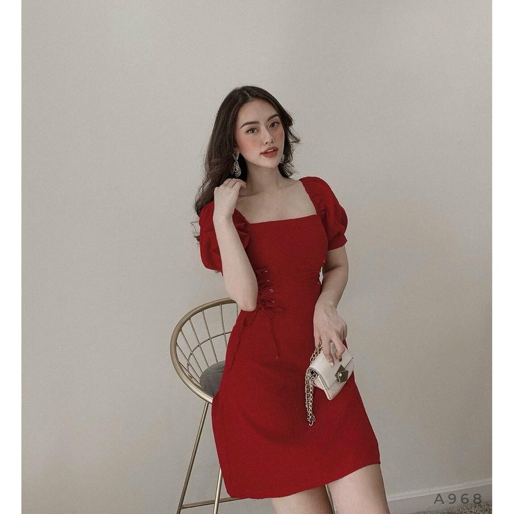 ĐẦM ĐEN CỔ VUÔNG – VÁY NỮ TAY PHỒNG – TRẮNG ĐỎ ĐEN – GD087