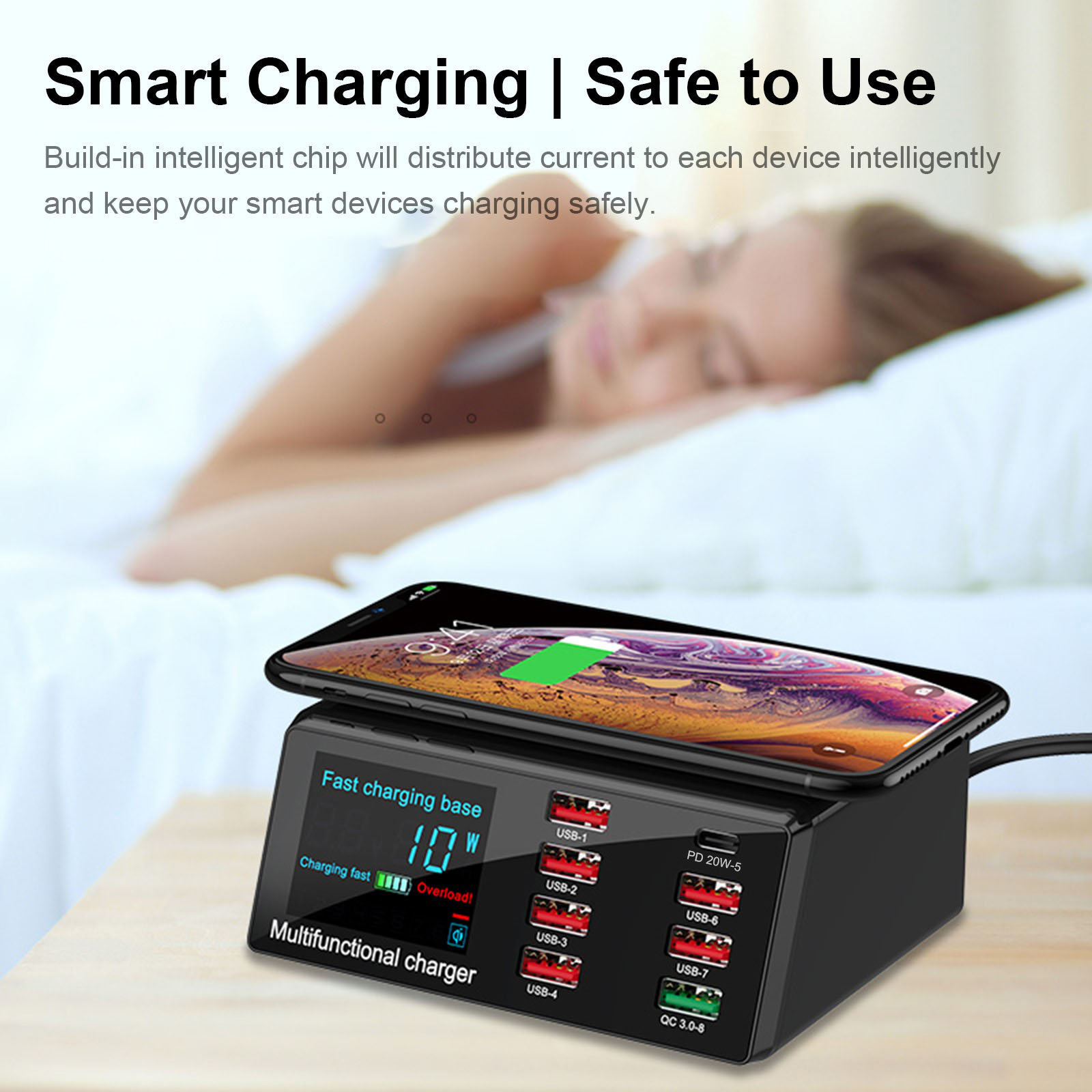 Bộ sạc không dây Đế sạc nhanh 3.0 chuyển đổi PD Trạm sạc không dây 10W X9 100W 8 cổng USB