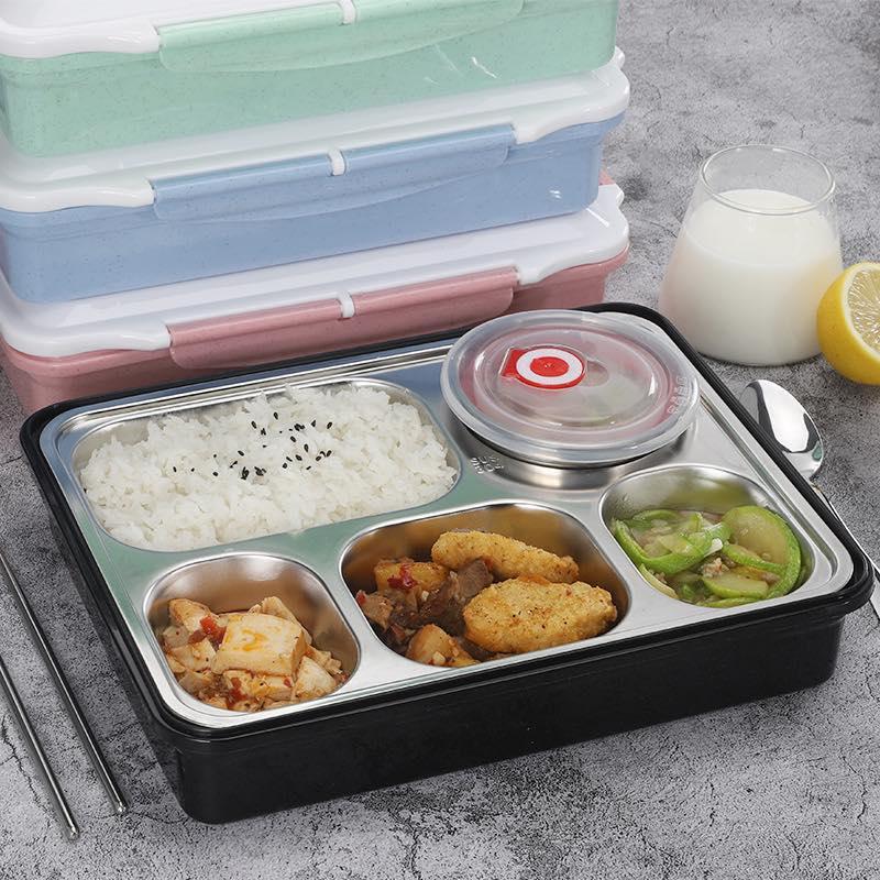 Khay Đựng Cơm Văn Phòng Inox 5 Ngăn Cao Cấp Có Nắp Đậy + Tặng Kèm Bộ Đũa Thìa Và Bát Sứ - Loại Tốt