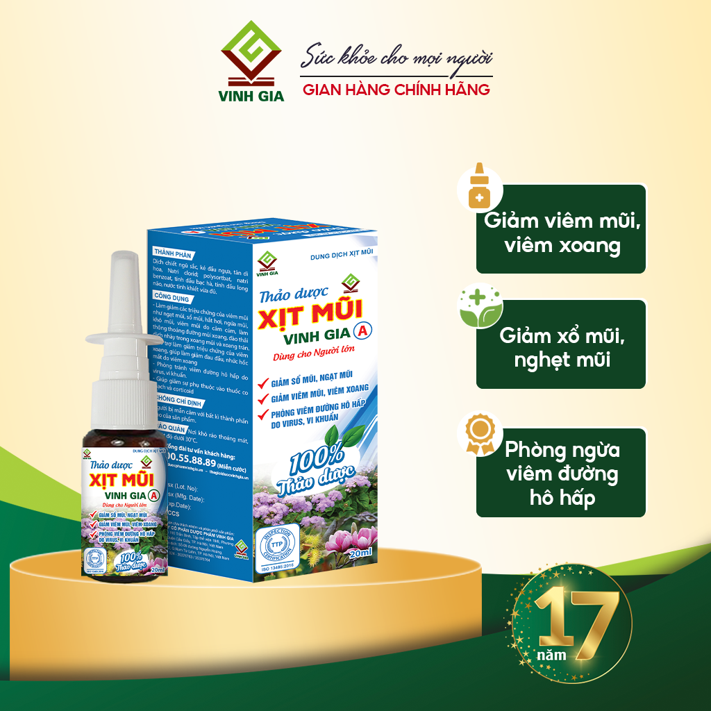 Xịt Rửa Mũi Xoang VINH GIA A Chứa Tinh Dầu Bạc Hà, Giúp hỗ trợ Hơi Thở Thông Thoáng, Bảo Vệ Hô Hấp Dùng Cho Người Lớn - 75ml
