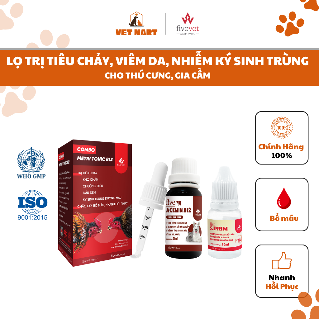 COMBO METRI TONIC B12 - Thuốc Hỗ Trợ Trị Tiêu Chảy, Tụ Huyết Trùng Trên Gà Đá, Chim Cảnh_Fivevet