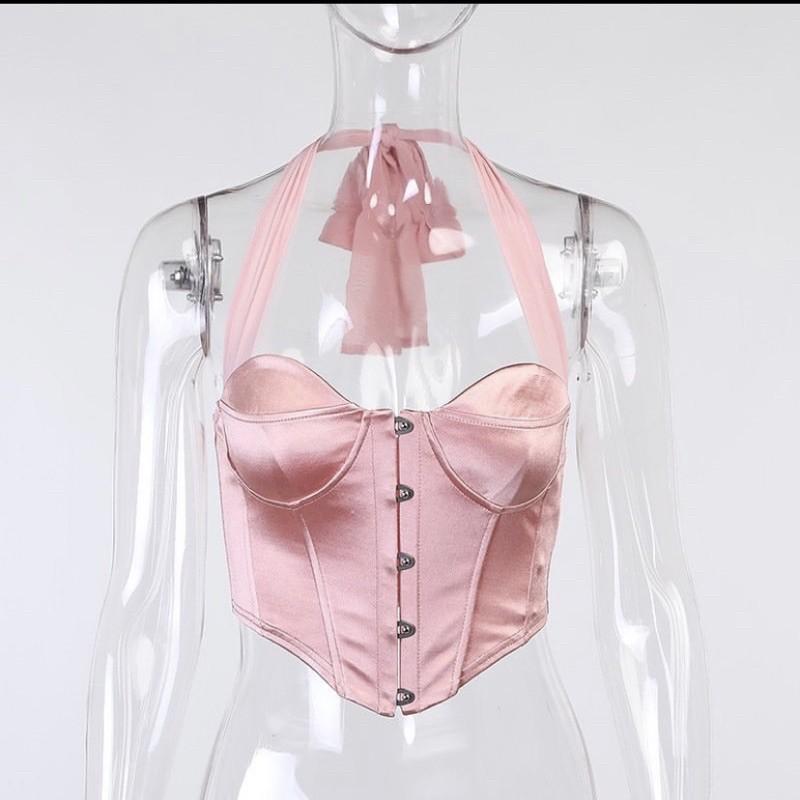 ÁO CORSET CỘT CỔ HỒNG ĐEN TRẮNG