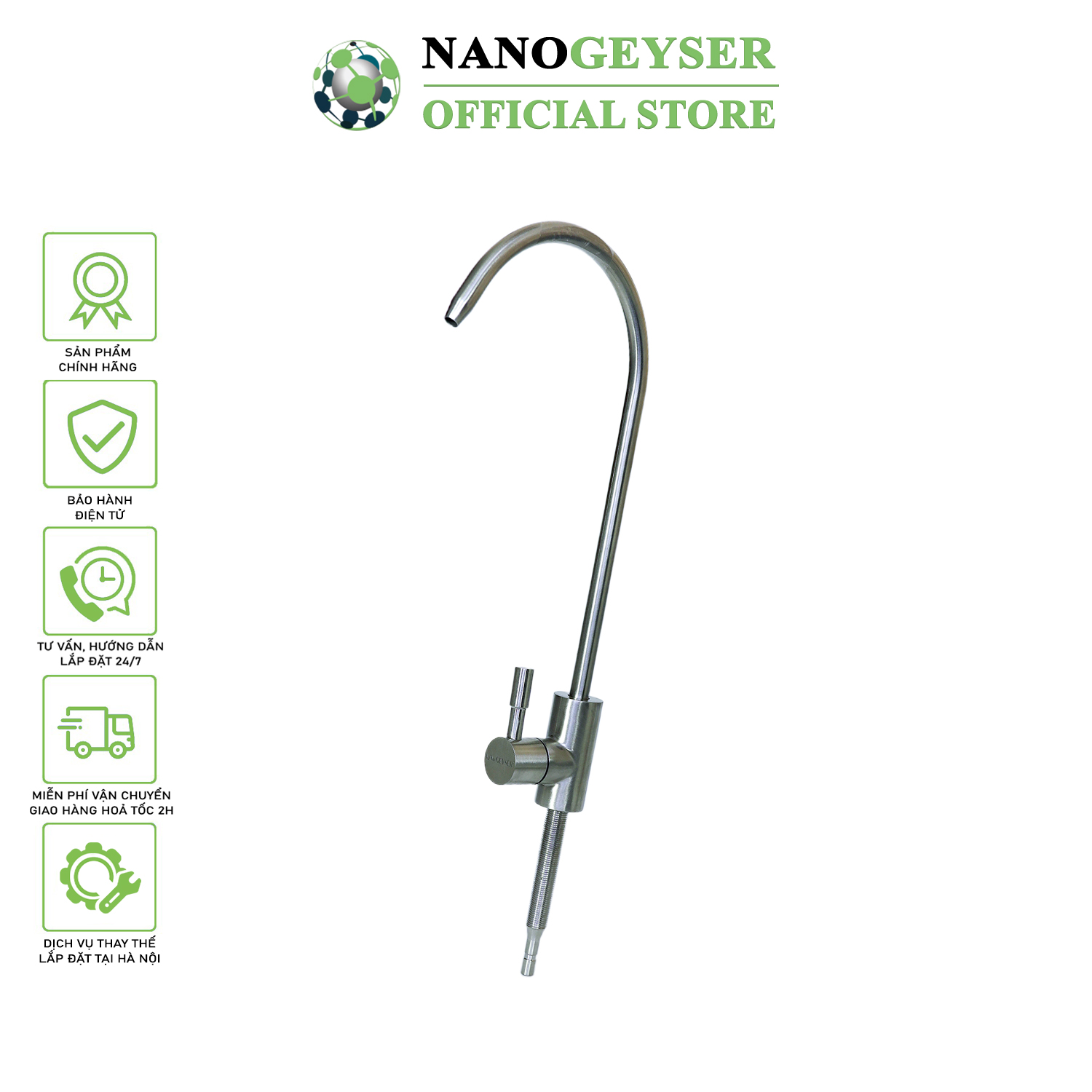 Vòi máy lọc nước Inox 304 Nano Geyser không Chì, Vòi gạt cổ ngỗng nối nhanh - Hàng Chính Hãng