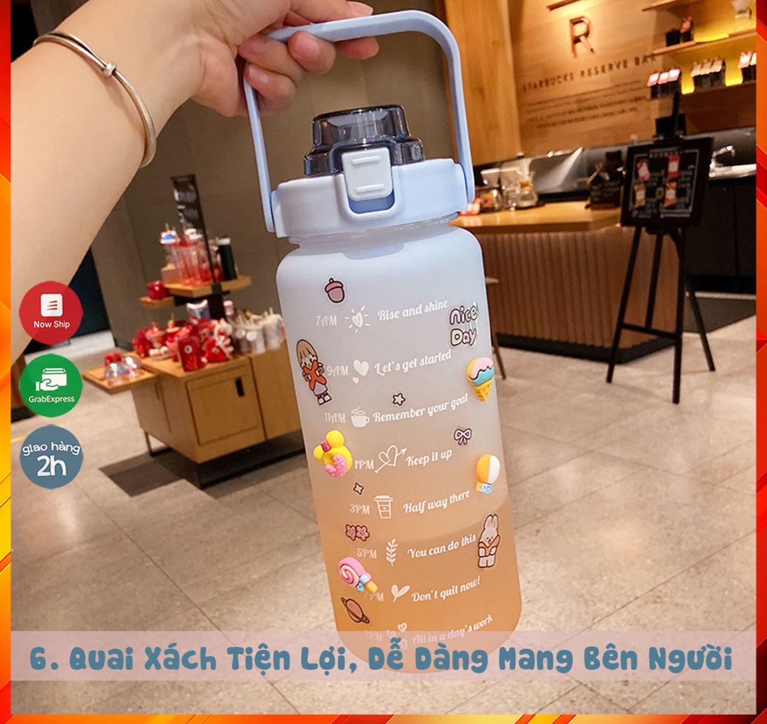 Bình đựng nước 2L dễ thương chia vạch báo giờ nhắc uống nước T3M tặng Sticker bình nước 2lit có ống hút tiện lợi