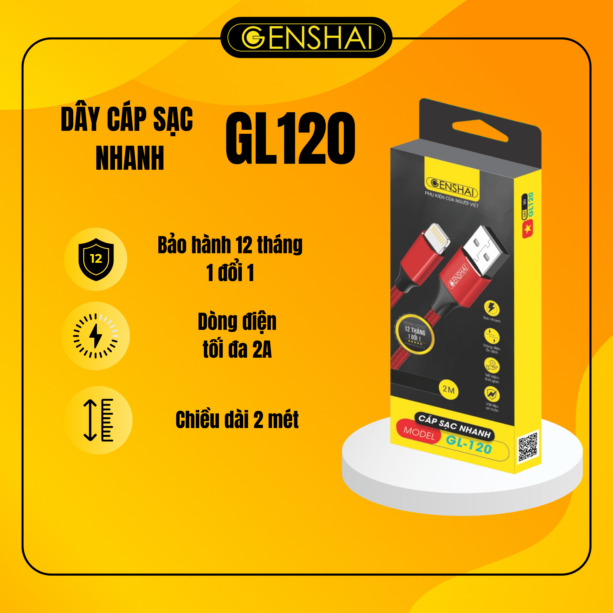 Cáp sạc 2m hàng chính hãng GENSHAI GL120 | Bảo hành 12 tháng 1 đổi 1 | Made in Việt Nam
