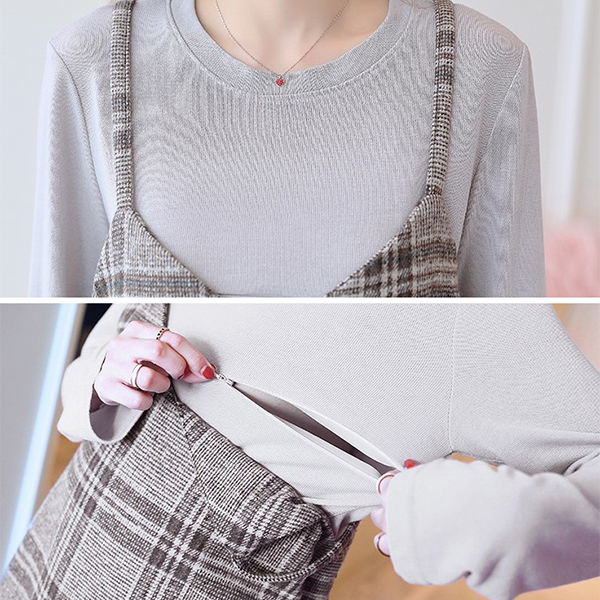 Đầm Bầu Thu Đông: Set Yếm Dạ 2 Dây Kẻ Caro Có Khóa Cho Con Ti