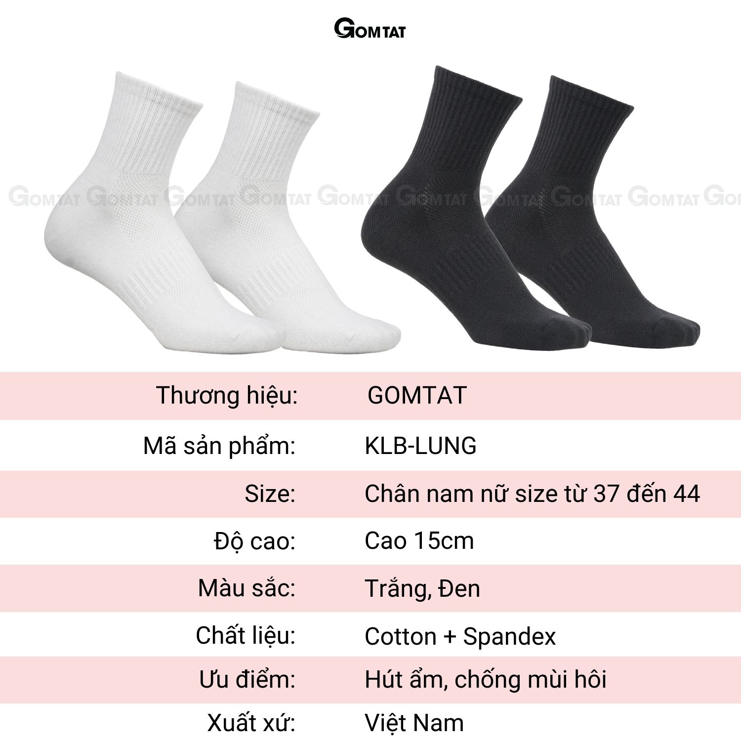 Tất vớ nam nữ cổ trung trơn màu GOMTAT chất liệu cotton cao cấp, có thiết kế thoáng khí, êm mềm đi mát -KLB-TRONLUNG-GANTAM