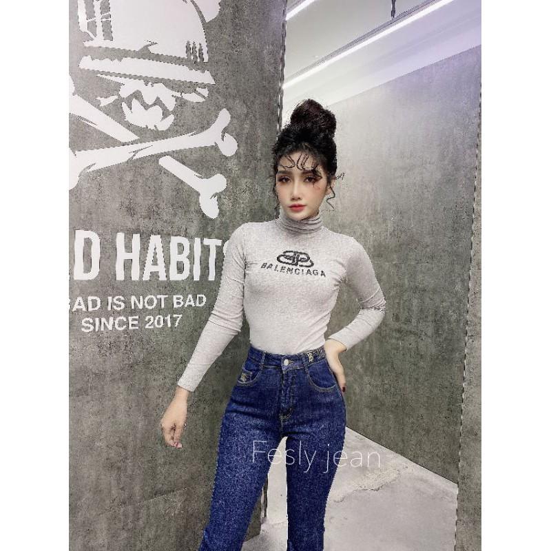 Quần Jeans Nữ Ống Loe Thêu Cạp Lưng Cao