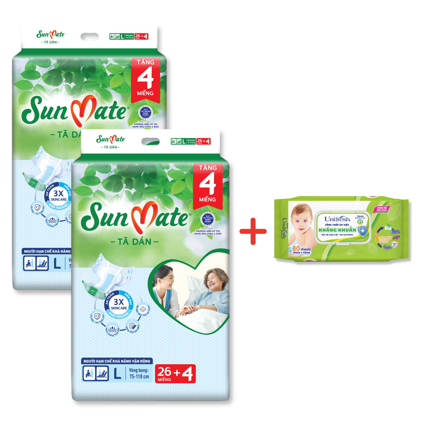 [Mẫu mới] Combo 2 Tã dán người lớn Sunmate XA2 mới size L-26+4 miếng tặng kèm khăn ướt