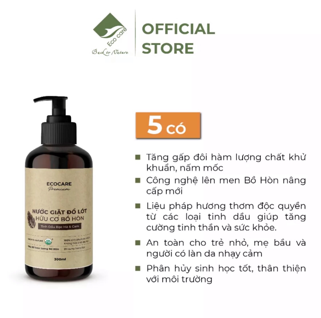 Nước giặt đồ lót hữu cơ cao cấp Bồ hòn Ecocare tinh dầu Bạc Hà & Cam - Chai 300ml