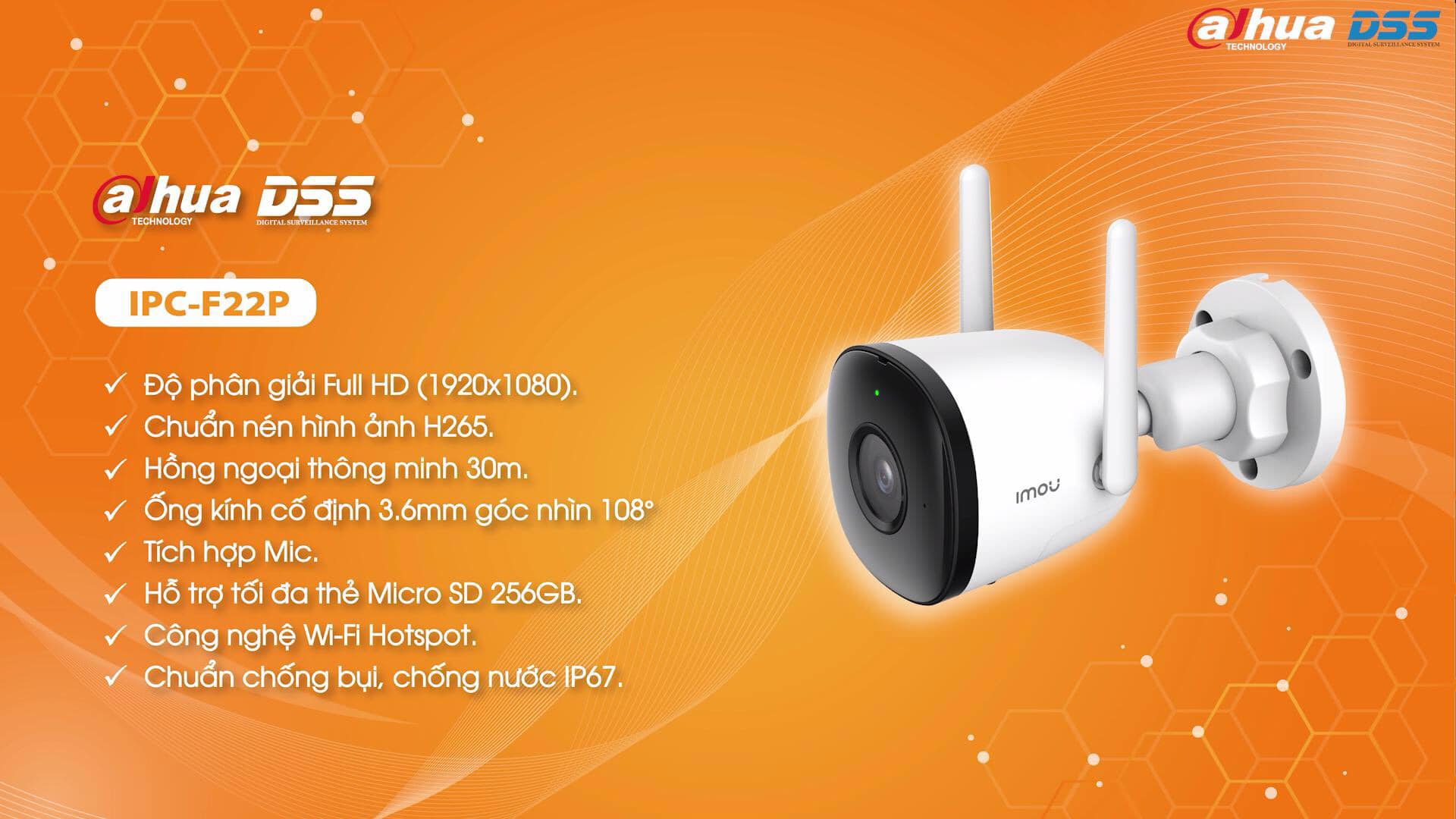 Camera IP 2M WiFi Ngoài Trời IMOU F22P Bullet 2C 1080P FullHD - Hàng chính hãng