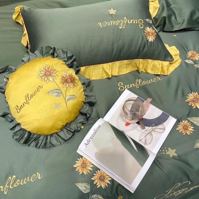 Set Cotton Lụa Thêu Hoa Hướng Dương Hàng Nhập Khẩu 7 Món Cao Cấp