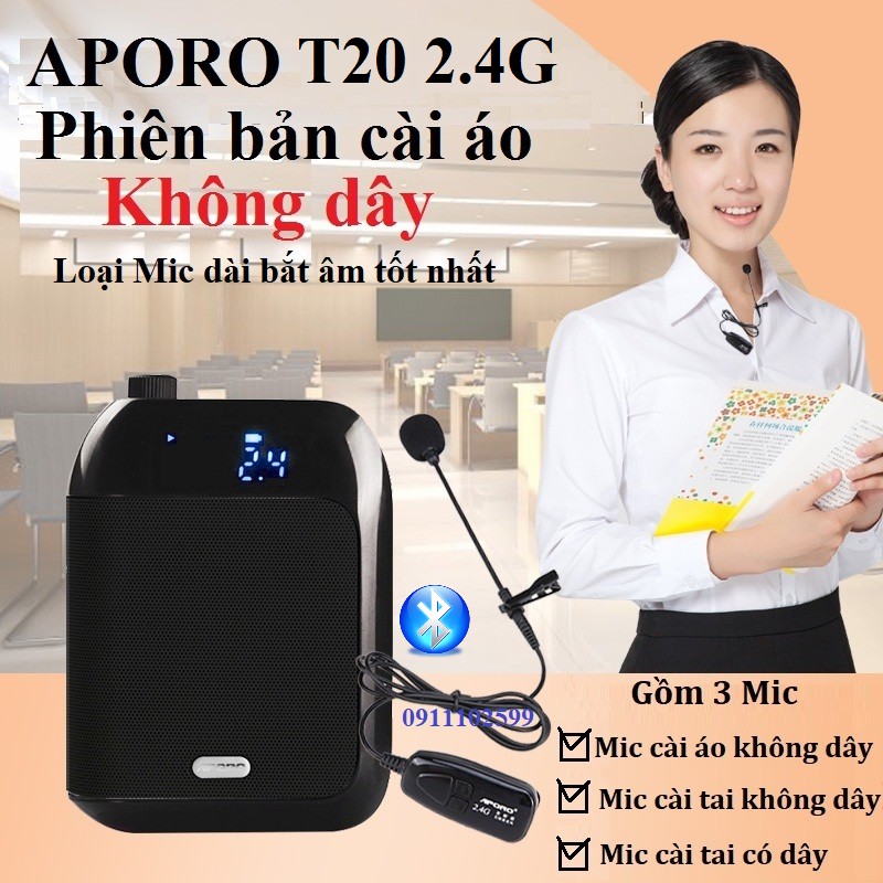 Loa trợ giảng Aporo T20 2.4G cài áo không dây tặng 4 món - Hàng chính hãng