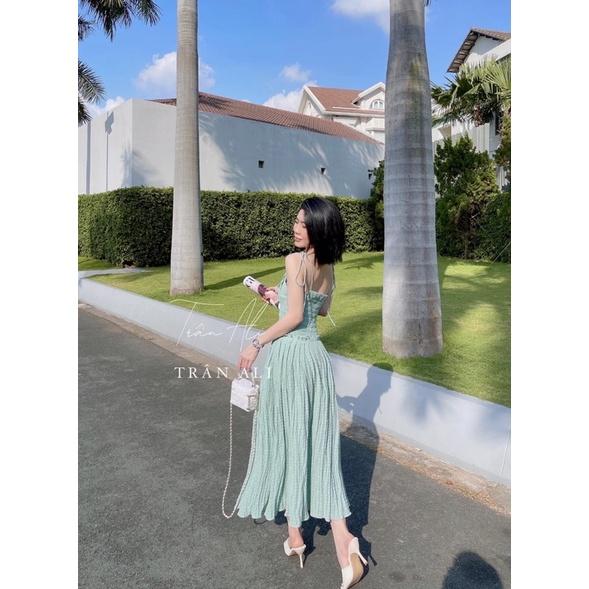 Đầm 2 dây nhún TRẮNG ĐỎ XANH