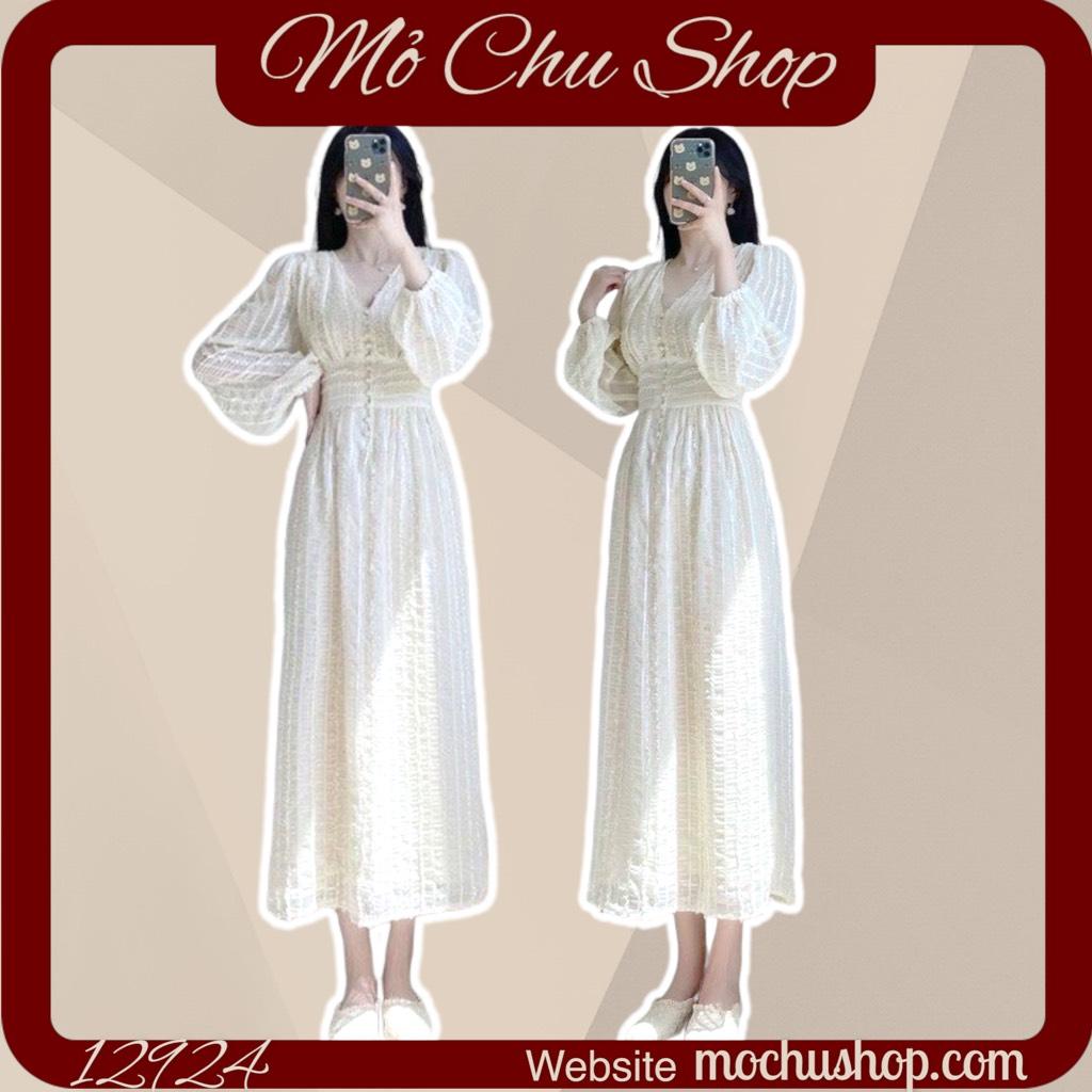 ĐẦM MIDI VOAN NỔI CỔ V ĐÍNH HẠT TAY DÀI 12924