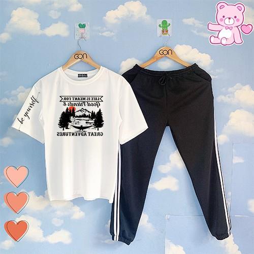 COMBO TIẾT KIỆM Set Đồ Bộ Áo Thun Tay Lửng Quần Kẻ 3Sọc, Quần Ulzzang 2 Sọc