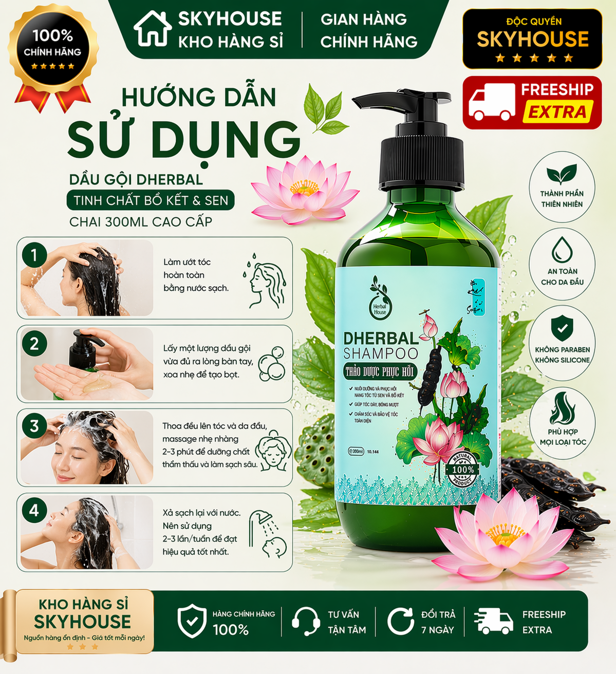 Dầu gội thảo dược thiên nhiên tinh chất sen bồ kết độc quyền DHERBAL chai 300ml dầu gội phục hồi tóc hư tổn chính hãng