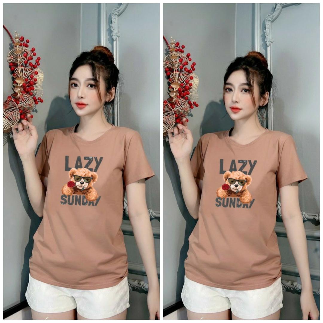 Áo thun nữ cổ tròn form rộng in hình gấu dễ thương thun cotton 4 chiều từ 45-60kg