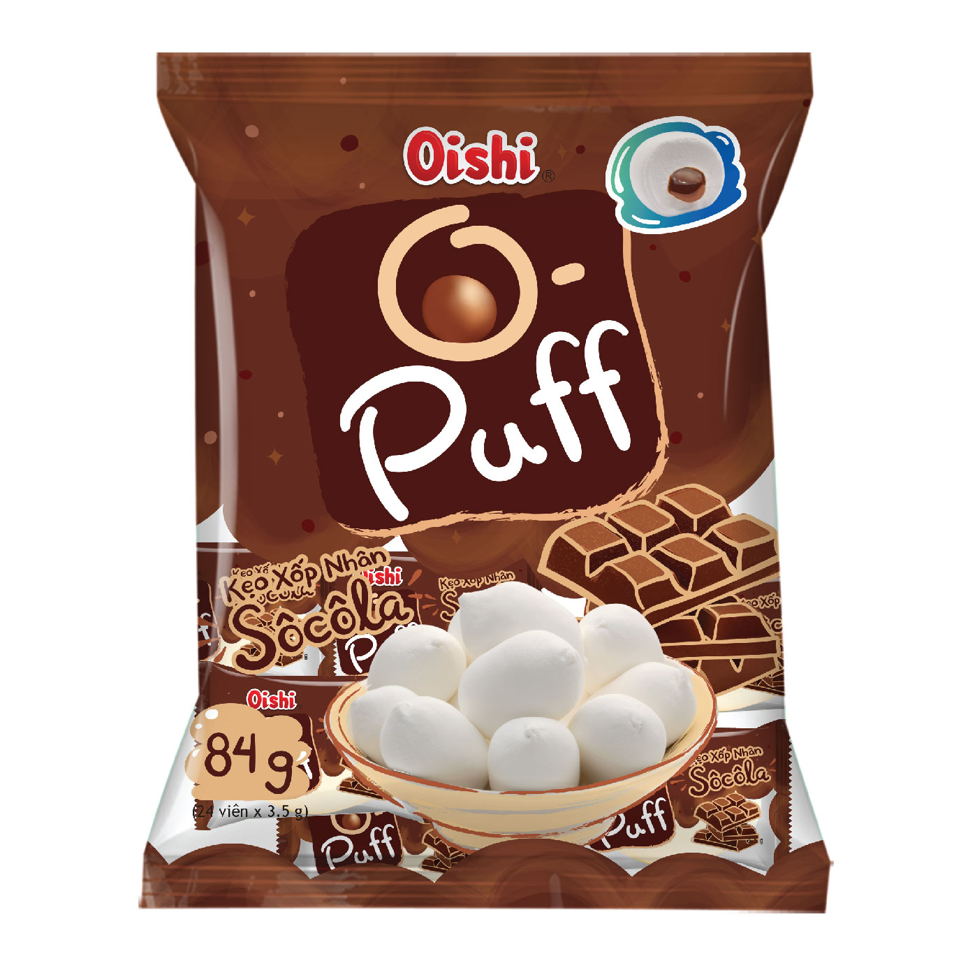 Combo 12 gói Oishi Kẹo Xốp Nhân Socola O-Puff (84g/gói)