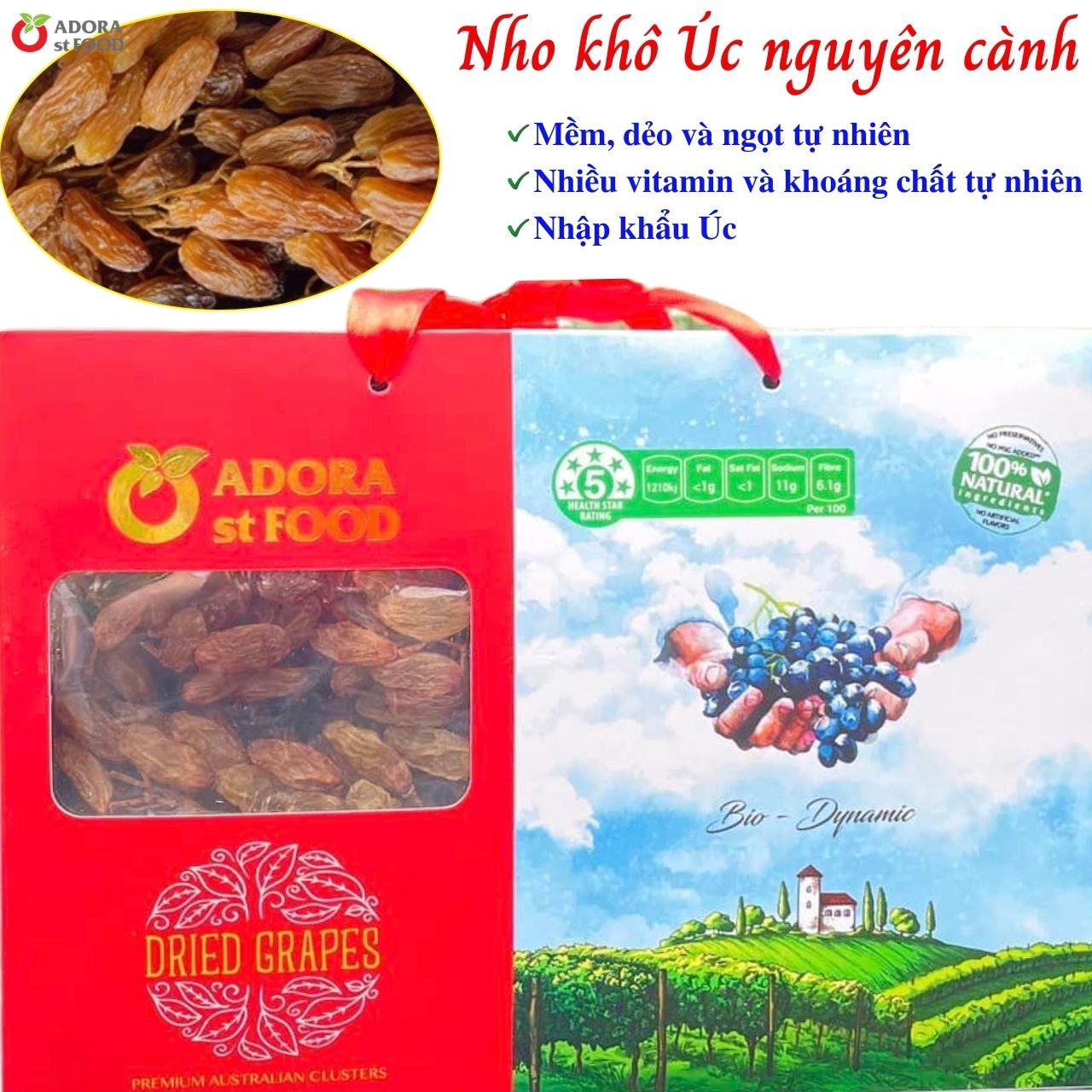 Nho khô nguyên cành THOMPSON Úc Dried Grapes Adora st Food (mẫu Quà Tết 1kg/hộp) ngon, bổ dưỡng, giàu vitamin, khoáng chất tự nhiên-QuaTangMe Extaste