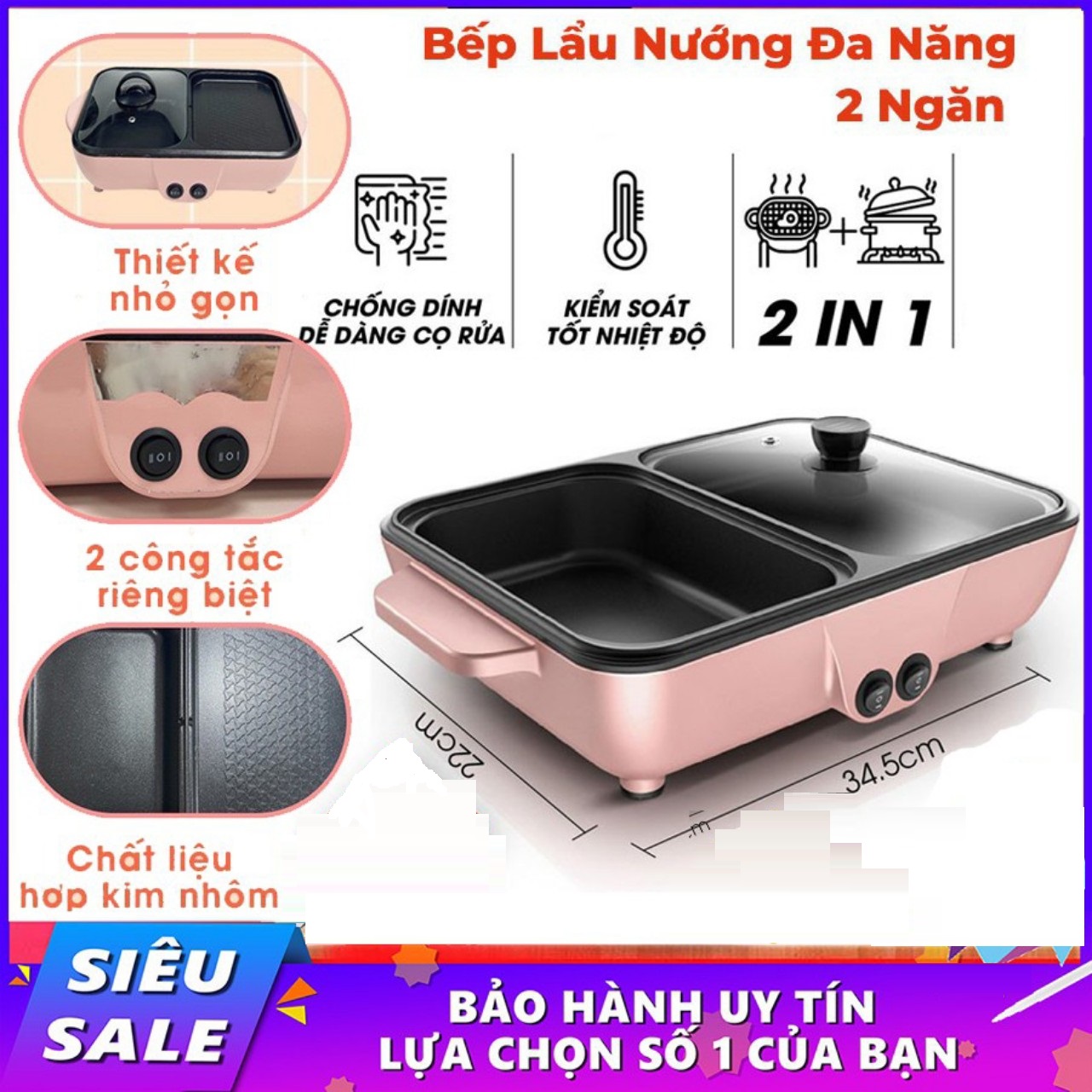 Bếp lẩu nướng 2 ngăn Đa năng mini tiện lợi, Nồi lẩu chống dính cao cấp, chảo nướng điện 2in1 phù hợp tiệc party gia đình, cắm trại, picnic, BBQ