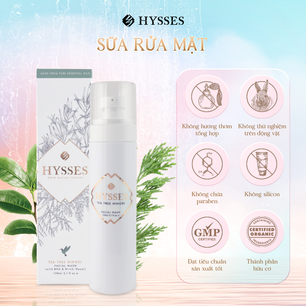 Sữa Rửa Mặt Cao Cấp Hysses Facial Wash Giúp Kiếm Soát Bã Nhờn Và Mụn Trên Da, Kháng Khuẩn, Giảm Kích Ứng Với Tinh Dầu Tràm Trà - Gỗ Hinoki Hữu Cơ Tự Nhiên