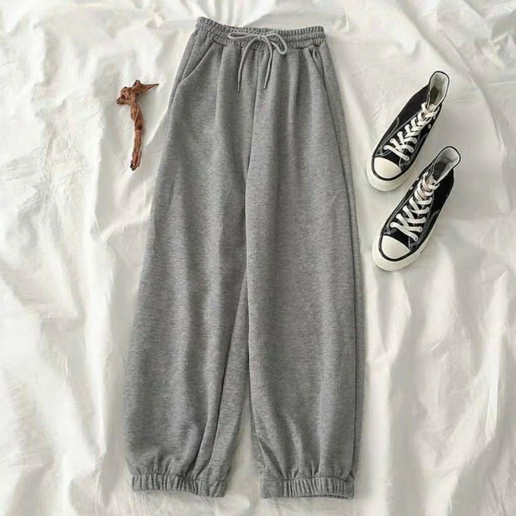 Quần ống rộng dáng jogger nữ trơn bo gấu chất da cá
