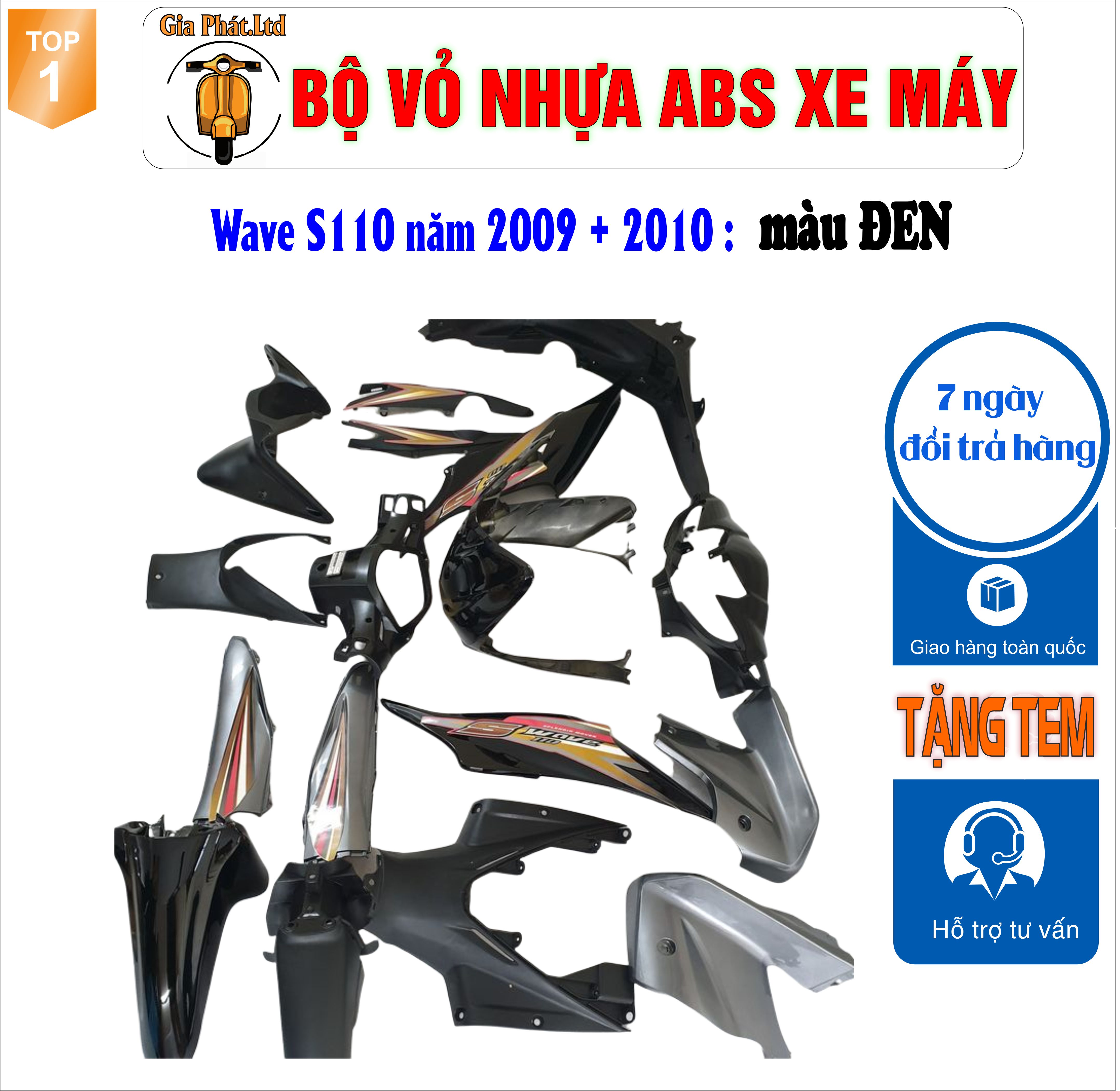 Bộ dàn áo xe WAVE S110 - RS110 màu ĐEN , nhựa ABS nguyên sinh-TKB-544-8030