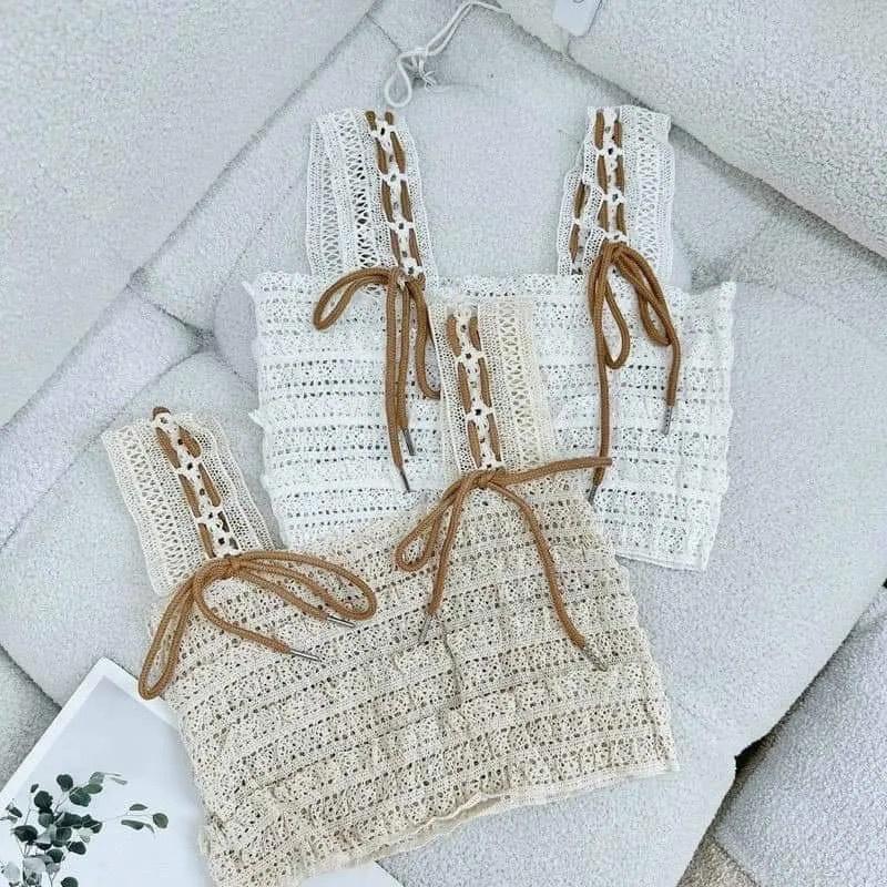 Áo Ren 2 Hai Dây Bản To Croptop Màu Trắng Phối Nơ Tiểu Thư