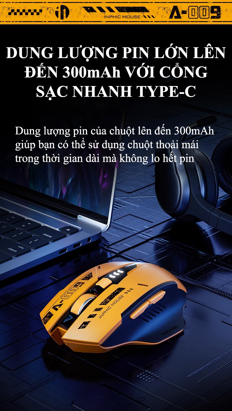 Chuột không dây INPHIC A9 sử dụng pin sạc kết nối Bluetooth và chip USB 2.4G thiết kế kiểu dáng xe đua cool ngầu dành cho game thủ - Hàng Chính Hãng