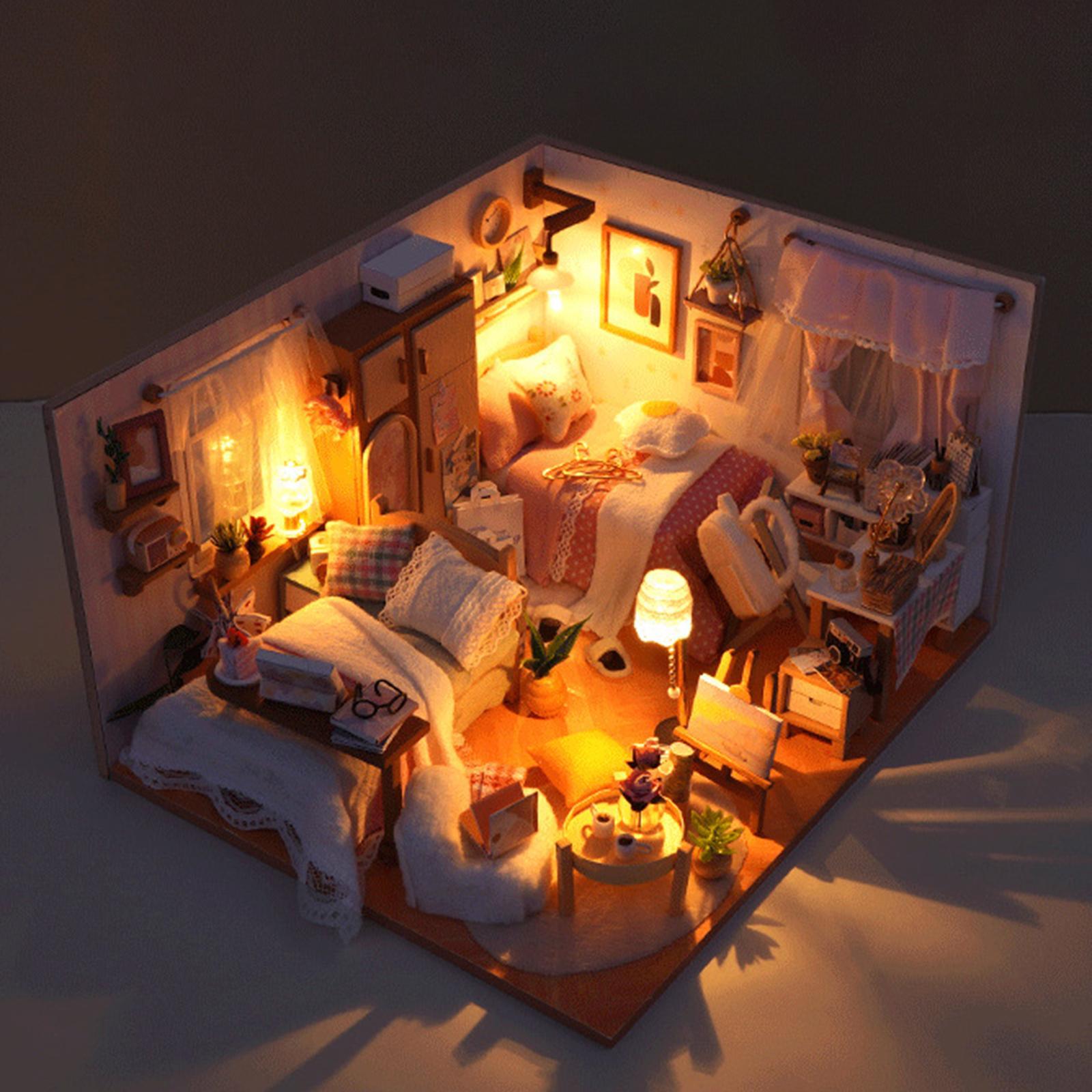 DIY Wooden Miniature Dollhouse Kits, Creative Bedroom, Birthday Gifts, with Furniture Educational Toy Modern for Boys Girls Doll House Model