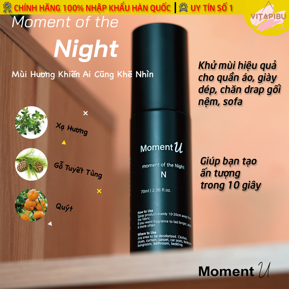 [Moment Of The Night] [VITAPIBU] [섬유 향수] Xịt Thơm Quần Áo Đa Năng (Sofa, Nệm, Phòng...) Mùi Hương Unisex Moment U