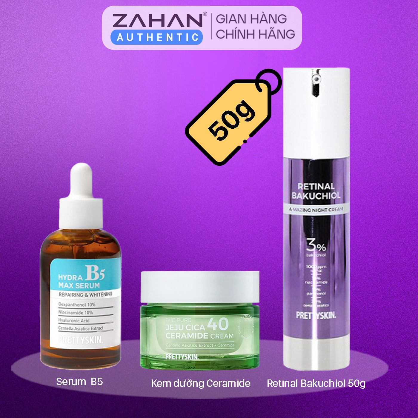 Combo Kem dưỡng Retinal Bakuchiol 50g, serum B5 50ml, kem dưỡng Ceramide Prettyskin 52ml