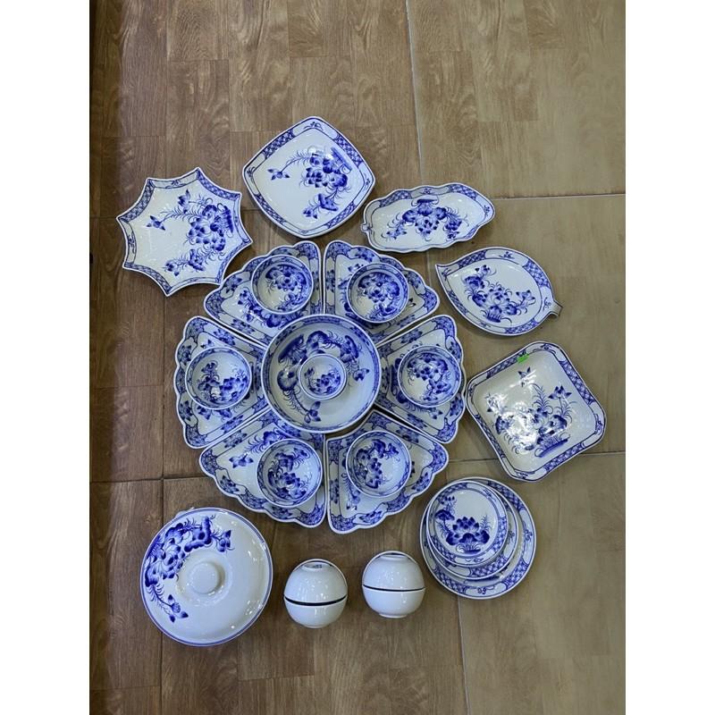 Set bát đĩa hoa mặt trời men lam 30-34 món. Gốm sứ Bát Tràng cao cấp.