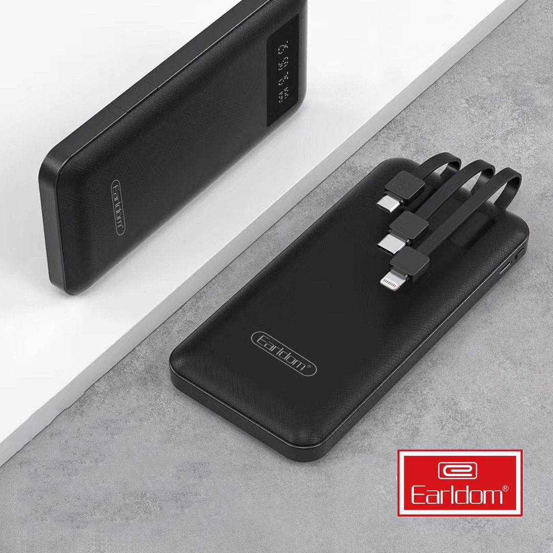 Pin Sạc dự phòng Earldom PB-41 kèm giá đỡ, dung lượng 10.000 mAh gắn cáp 3 đầu tiện lợi, hỗ trợ sạc nhanh 2.1A cho 3 cổng Lightning/TypeC, Micro – hàng chính hãng