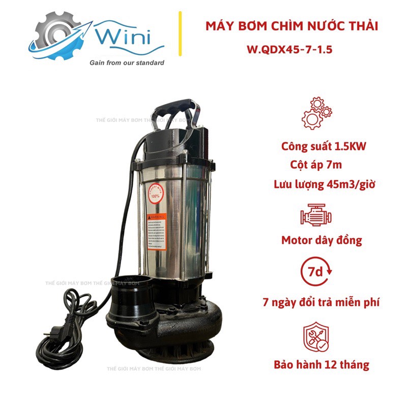 Máy bơm chìm nước thải 1.5Kw Thân INOX 304 Wini W.QDX45-7-1.5 - Bảo hành 1 năm