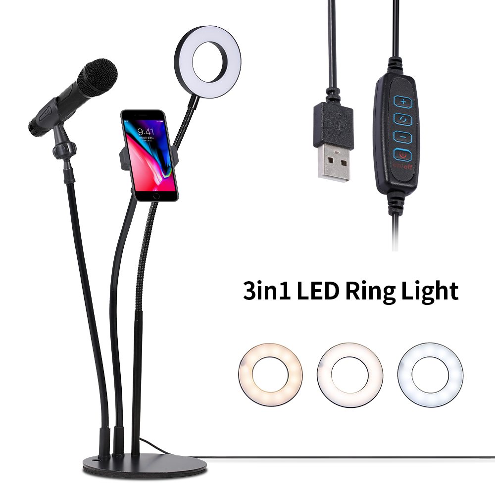 Đèn Vòng LED 9cm 3 Trong 1 Để Bàn Có Giá Đỡ Micrô Có Đế Cắm USB