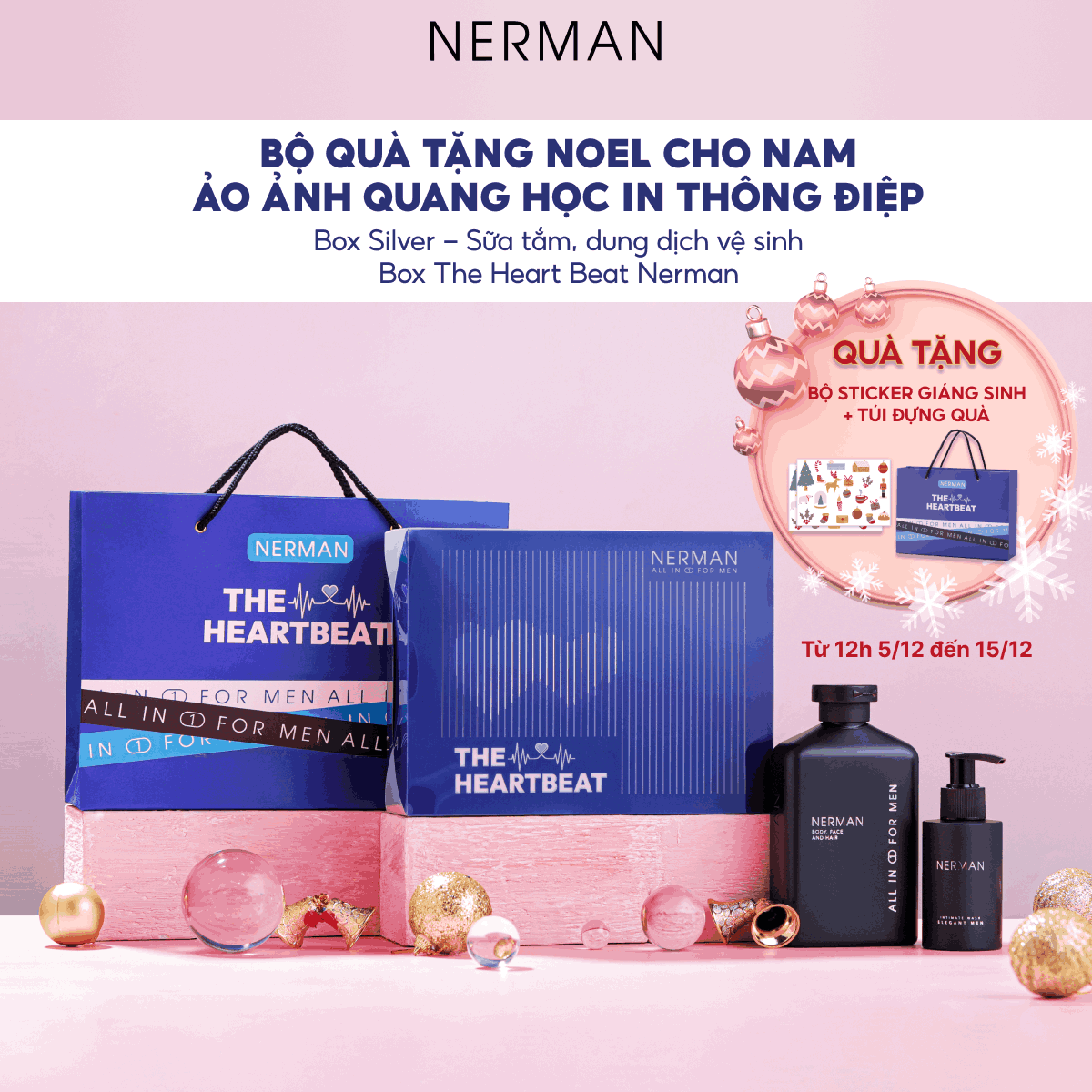 Bộ quà tặng VALENTINE cho nam ảo ảnh quang học in thông điệp Nerman The Heart Beat - Sữa tắm 3 in 1 350g &amp; DDVS 100ml &amp; Xịt khử mùi 100m