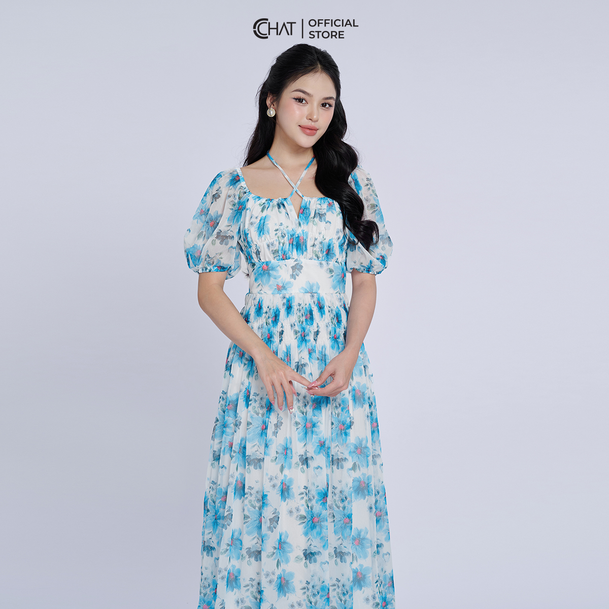 Đầm Nữ Kiểu Nhún Tay Bồng Chun Eo Dáng Xòe Chất Voan Bay Bổng 13VNV4005XT