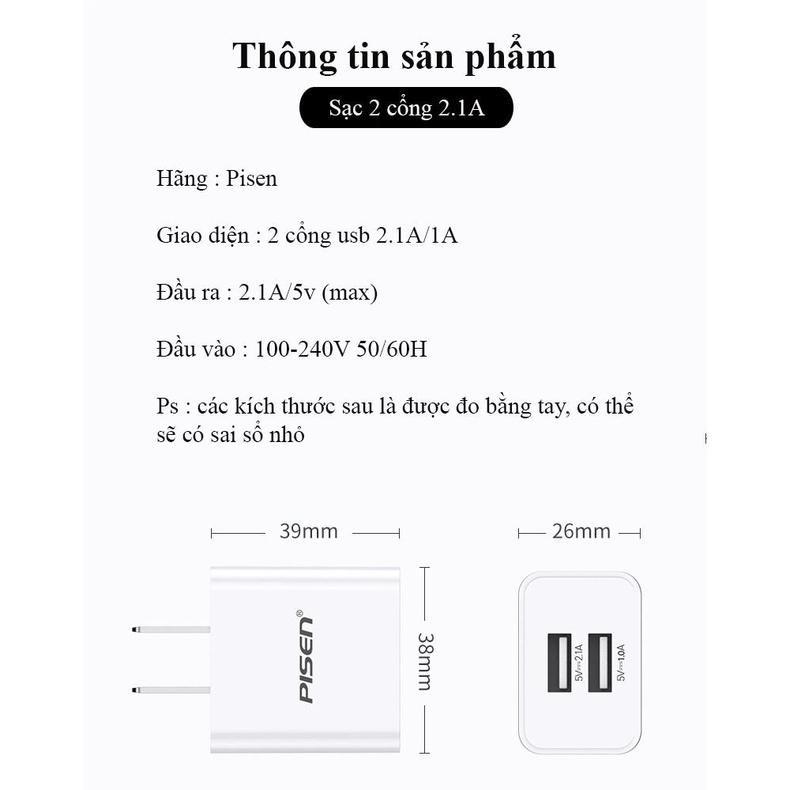Cóc sạc PISEN DUAL USB Charger 2.1A - 2 cổng sạc - Hàng chính hãng